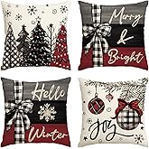 AVOIN colorlife Merry Christmas Joy Xmas Trees Red Throw Pillow Covers, 16 x 16 Inch Christmas Winter Holiday Cushion Case Decoration for Sofa Couch Set of 4