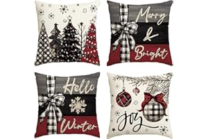 AVOIN colorlife Merry Christmas Joy Xmas Trees Red Throw Pillow Covers, 18 x 18 Inch Christmas Winter Holiday Cushion Case Decoration for Sofa Couch Set of 4