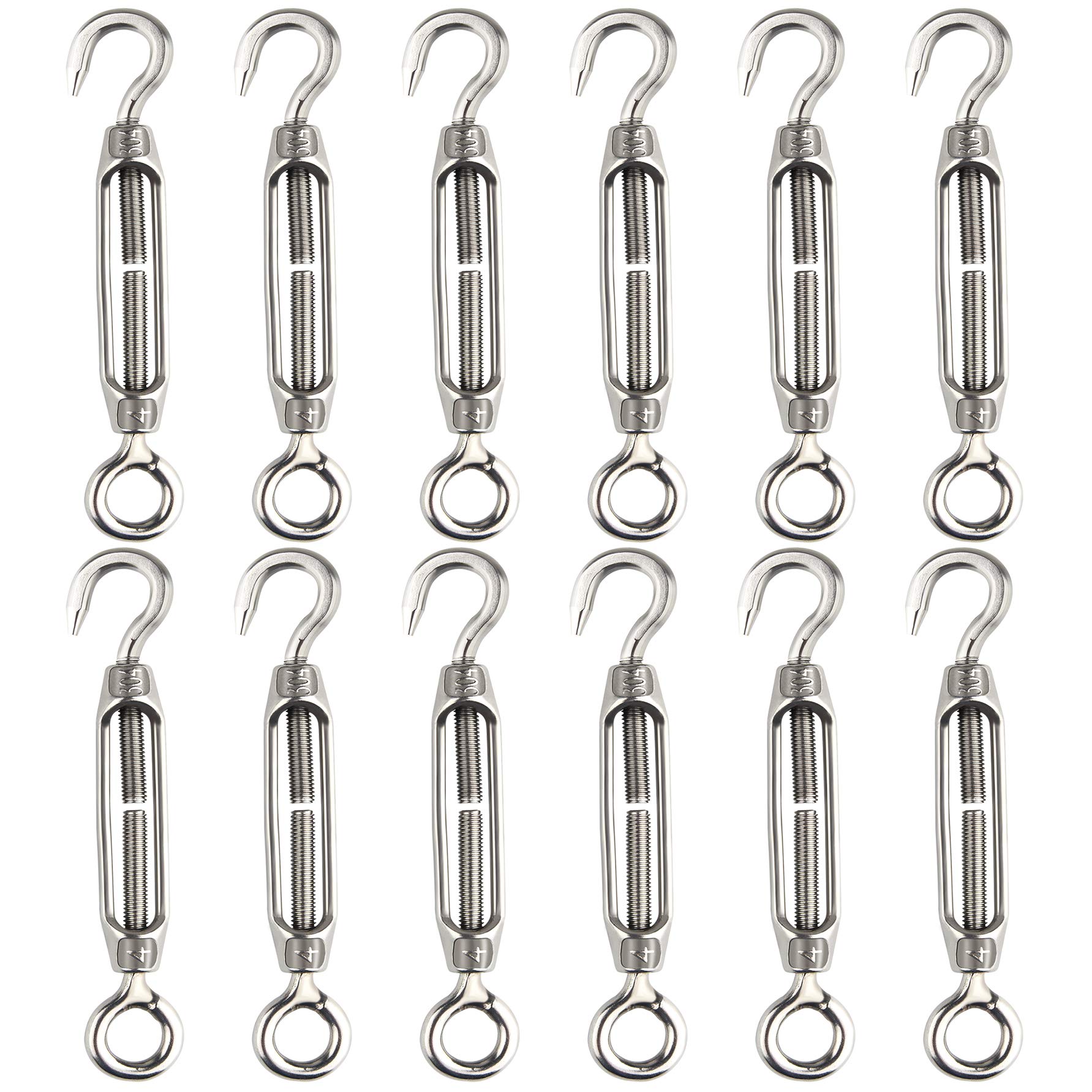 CHRORINE 12 Pcs Turnbuckle Wire Tensioner M4 Hook and Eye Turnbuckle Tensioner 304 Stainless Steel Tensioners Rope Tension Heavy Duty