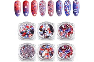 FURIMUK Independence Day Star Glitter 4th of July Nail Art Sequins,6 Boxes Holographic Nail Decals Mixed Star Hollow Hexagon Circles Confetti Shaped for Women Girls Face Body Nail Decoration