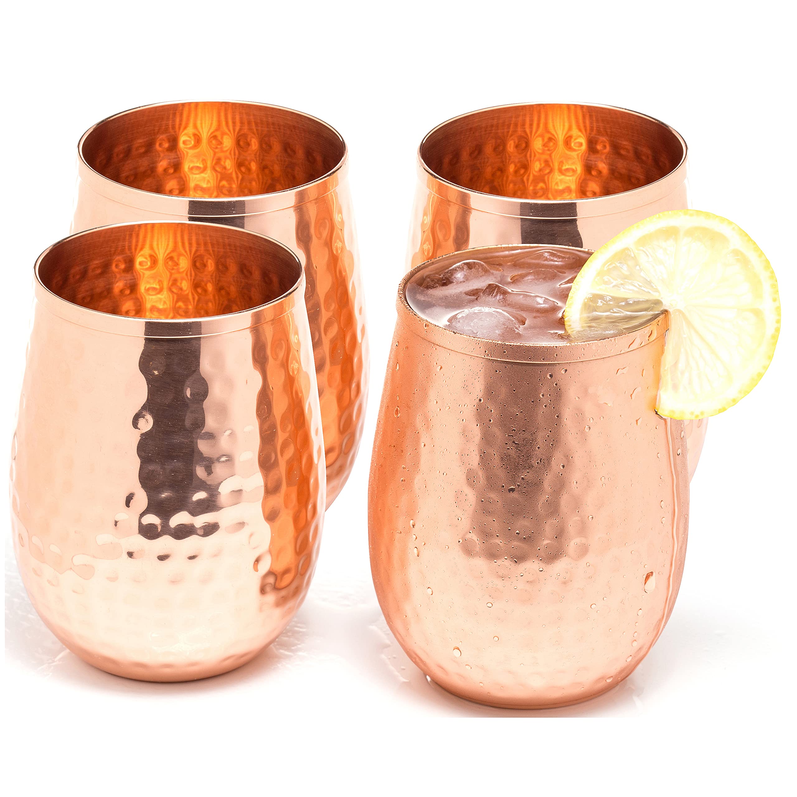 Copper wine glasses set of 4 – 17oz gleaming 100% solid hammered copper stemless wine cups – a gift set Valent for men and women – great copper tumblers for red or white wine and Moscow mules.