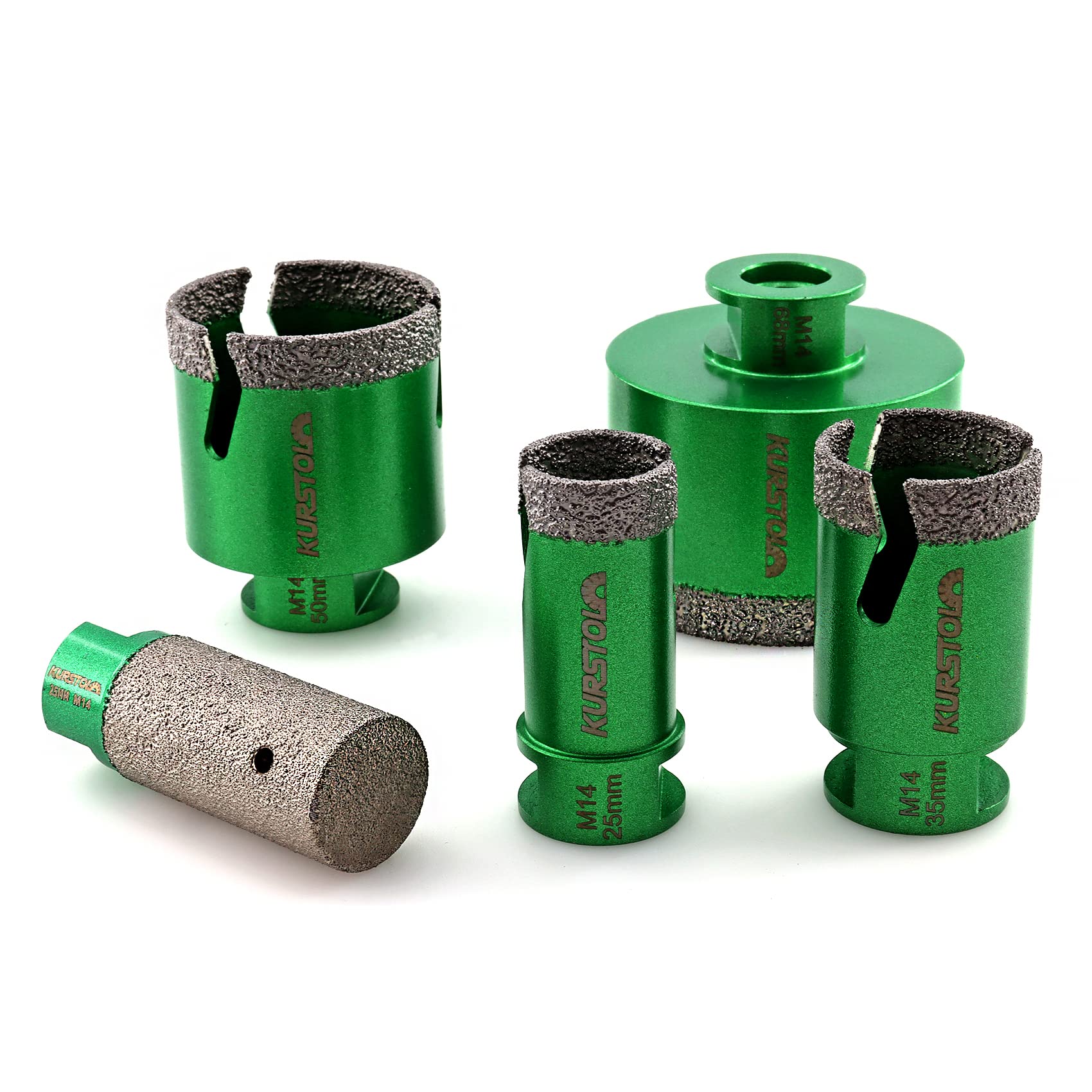 KURSTOL Tile Hole Saw Set - 4pcs Diamond Core Drill Bits 25/35/50/68mm 1pc Diamond Milling Bit 25mm M14 thread for Enlarging Shaping Porcelain Ceramic Tile Granite Marble Angle Grinder