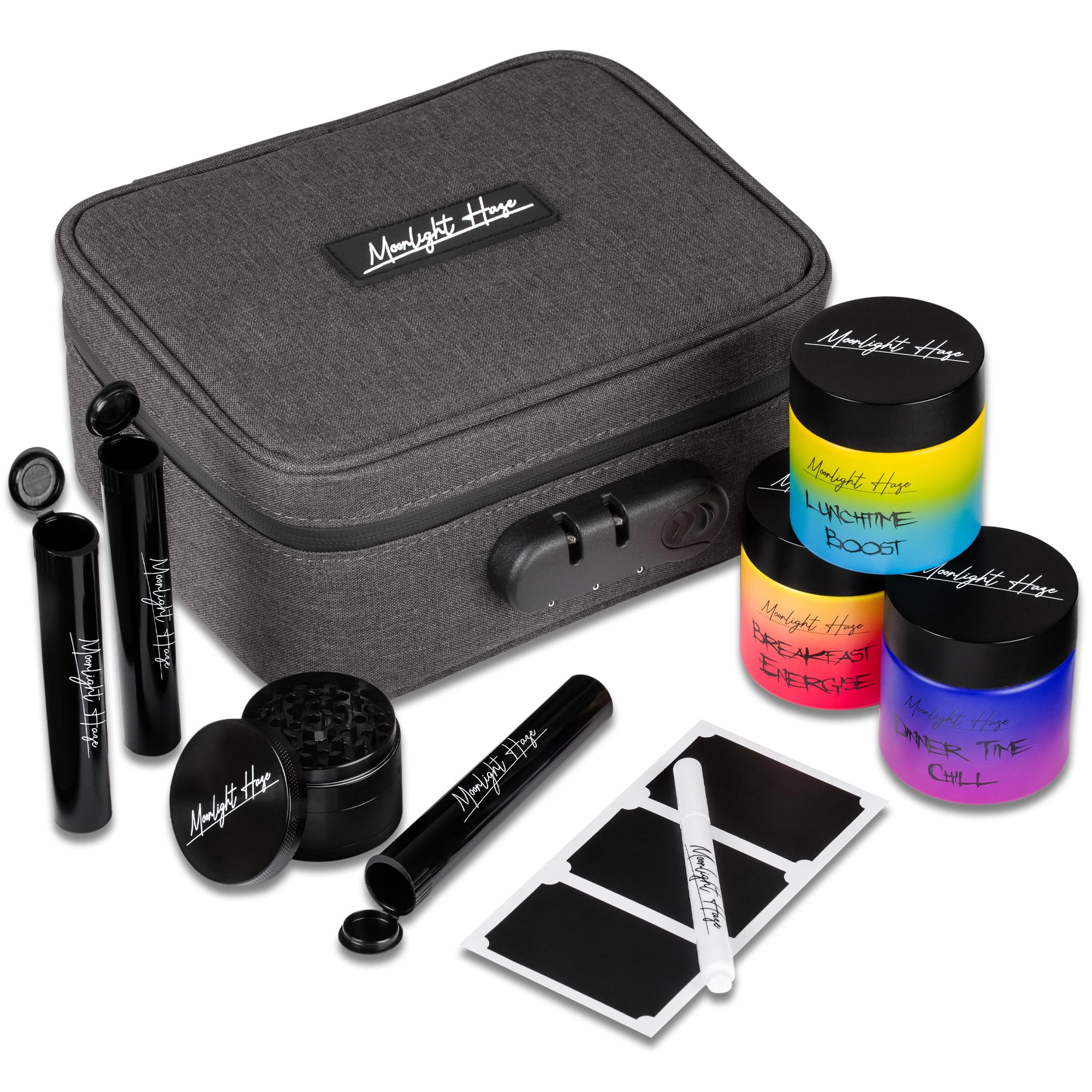 Moonlight Haze Smell Proof Bag with Accessories – Smell Proof Box Stash Box Gift Set, 3 Smell Proof Containers, Integrated Rolling Tray, 3 Tubes, Stash Jars, Gifts for Men & Women (with Grinder)