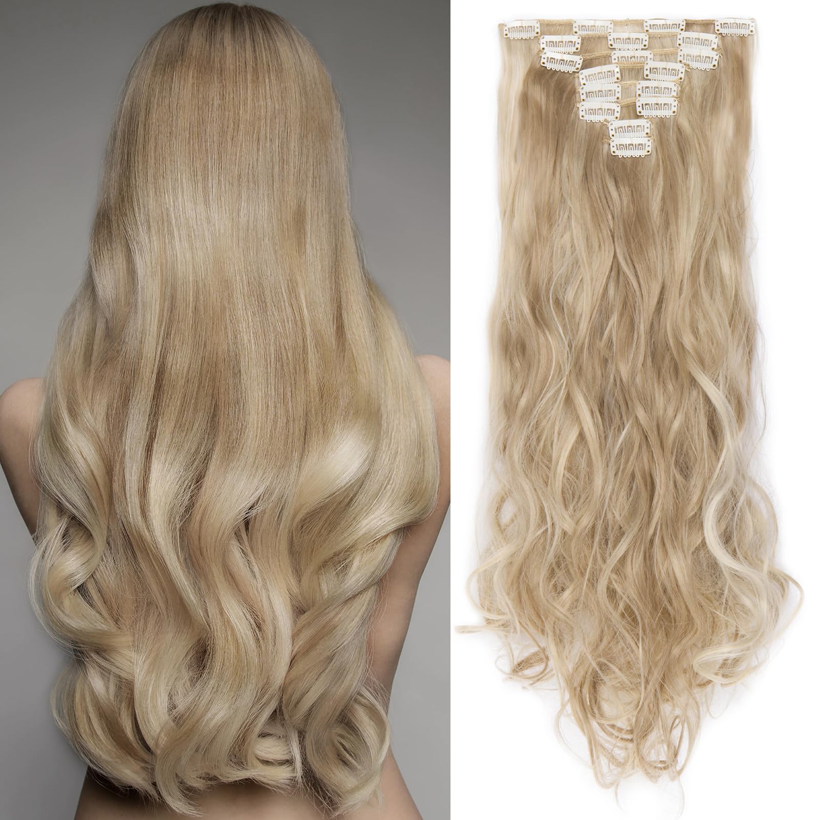 SEGOHAIR Hair Extensions Clip in 8Pcs 18 Clips Synthetic Fiber Seamless 24" Long Curl Full Head - Sandy Blonde & Bleach Blonde — image 1