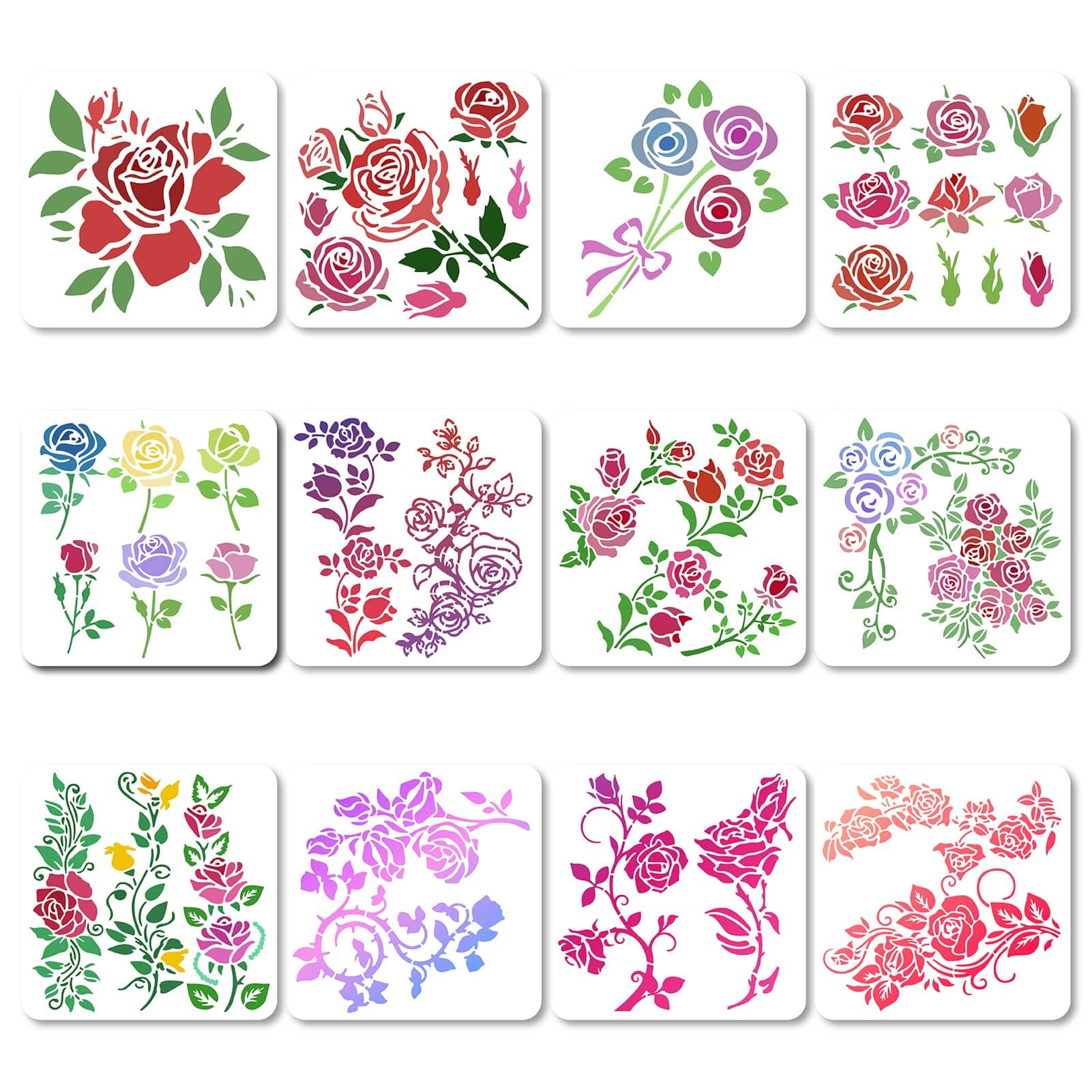 GORGECRAFT 12 Styles 18x18cm Rose Flowers Stencil Flowers Leaves Templates Floral Buds Rose Bouquets Vines Branches Leaf Pattern Square Plastic Stencils Sign for Painting on Canvas Scrapbooking Card