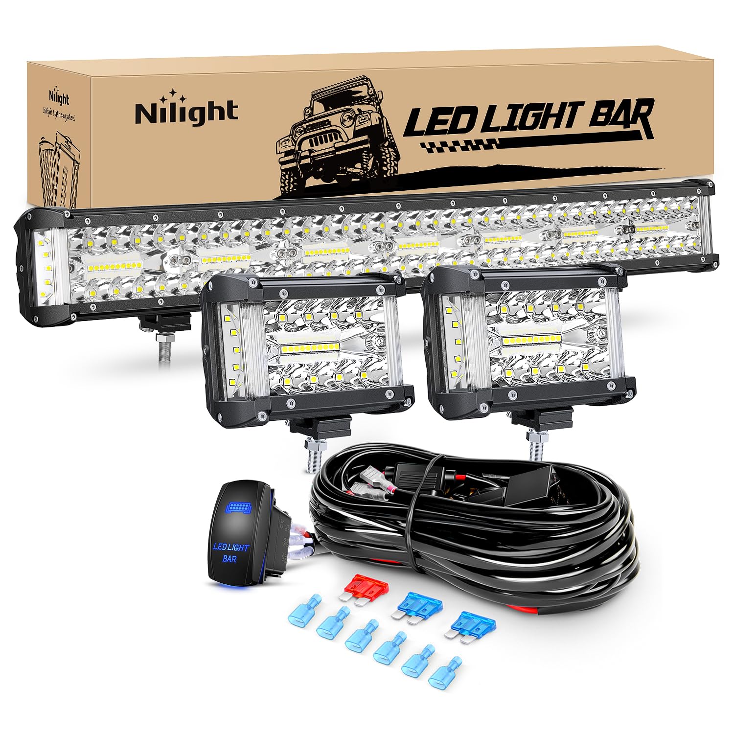 Nilight Side Shooter LED Light Bar Set 20 Inch Triple Row Spot Flood Combo Lights 2PCS 4.3″ Pods with 5Pin Rocker Switch Wiring Harness Kit for Truck SUV ATV UTV