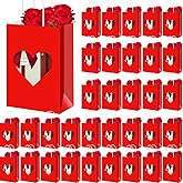 Gilprop 24 Pcs Valentine Gift Bags Bulk, Paper Treat Bag with Handles, Heart Clear Window, Red Pink Party Favor Packaging for Candy, Cookies, Small Gifts (Red)