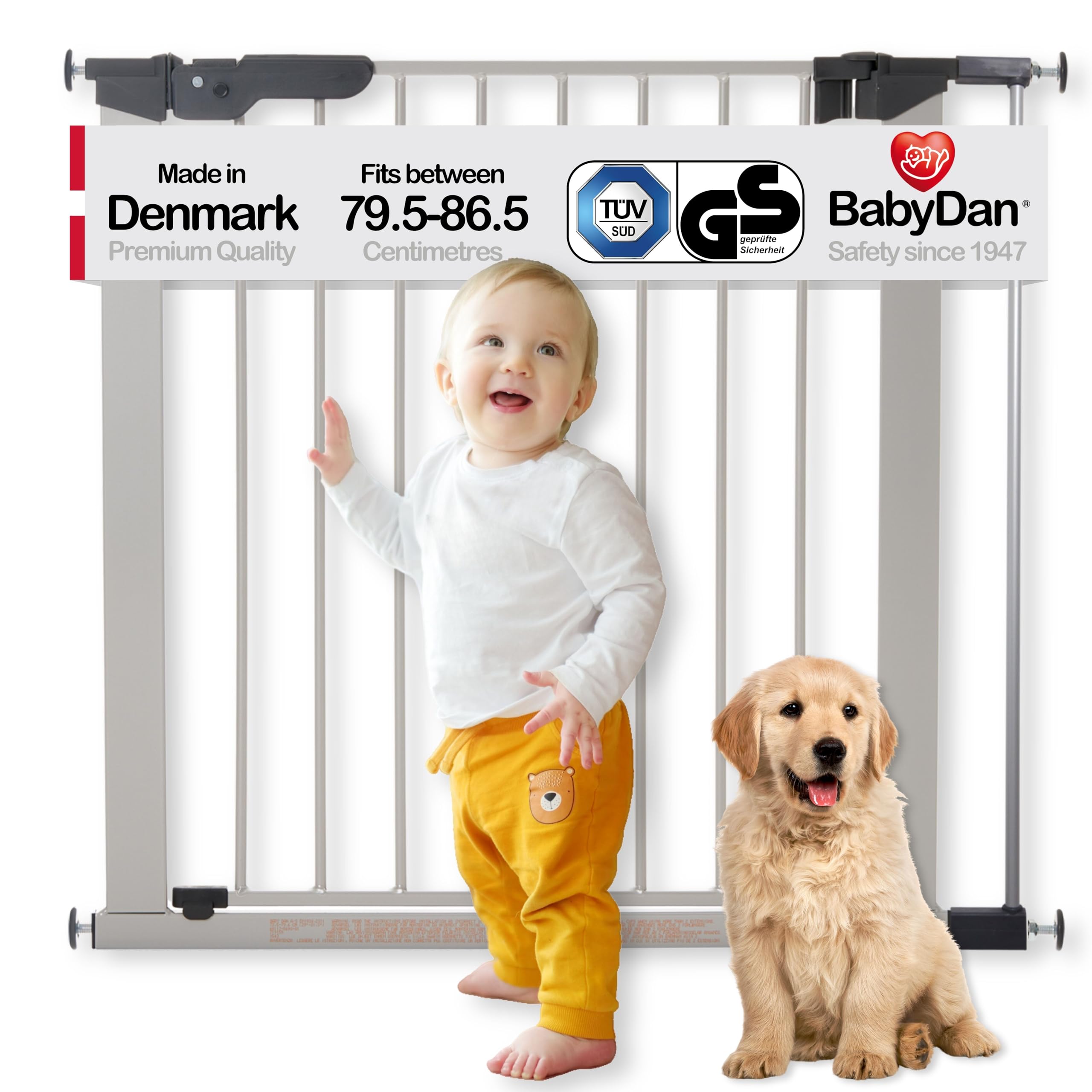 BabyDan Premier door grille / stair gate for clamping, 79.6 - 86.5 cm - made in Denmark and tested by the TÜV GS, color: silver / black