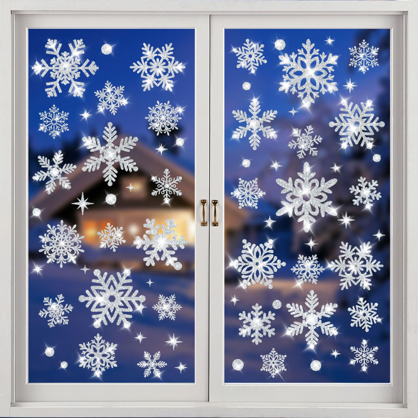 Photo 1 of 190PCS Glitter Snowflake Window Clings for Christmas Decorations Sparkling Winter Window Clings Decals for Glass Holidays Party Supplies(Large,Sliver)