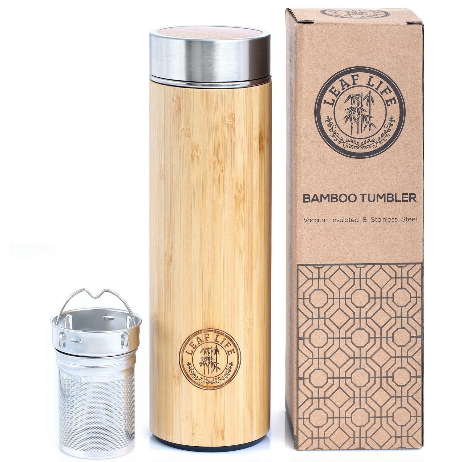 Original Bamboo Tumbler with Tea Infuser & Strainer by LeafLife | 17oz Stainless Steel Water Bottle | Insulated Coffee Travel Mug | BPA-Free | Gift For Tea Lovers | Mesh Filter for Brewing Loose Leaf
