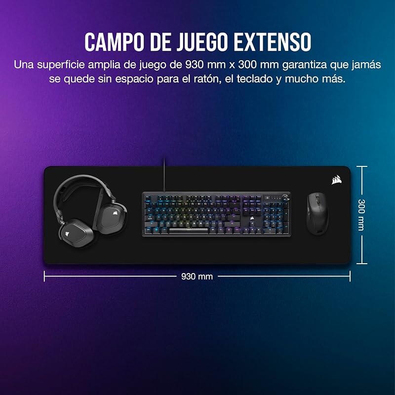 Tapete de rato MM500 v2 Extended Gaming em Tecido Híbrido – 93cm x 30cm – Revestimento à prova de salpicos – Bordas Cosidas Anti-Riscos – Base de Borracha Antiderrapante – Preto