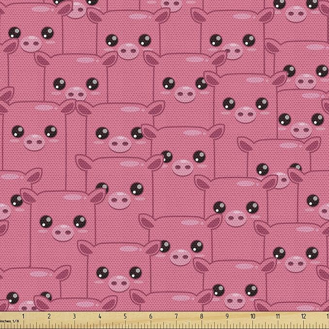 Ambesonne Pig Fabric by The Yard, Smily Square Faced Little Pigs Eyes and Noses