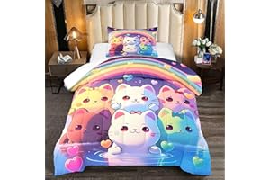 Jiospet Rainbow Cat Comforter Twin Size - Rainbow Cat Bedding for Girls Room Cute Cartoon Rainbow Bedding Twin Comforter Sets for Kids, 1 Comforter+1 Pillowcase