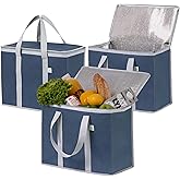 VENO 3 Pack Cooler Bag Insulated Reusable Grocery Shopping Bag, Food Delivery, Heavy Duty, Large Size, Durable Handles, Double Zippers, Lid, Collapsible (Dark Blue, 3 Pack)
