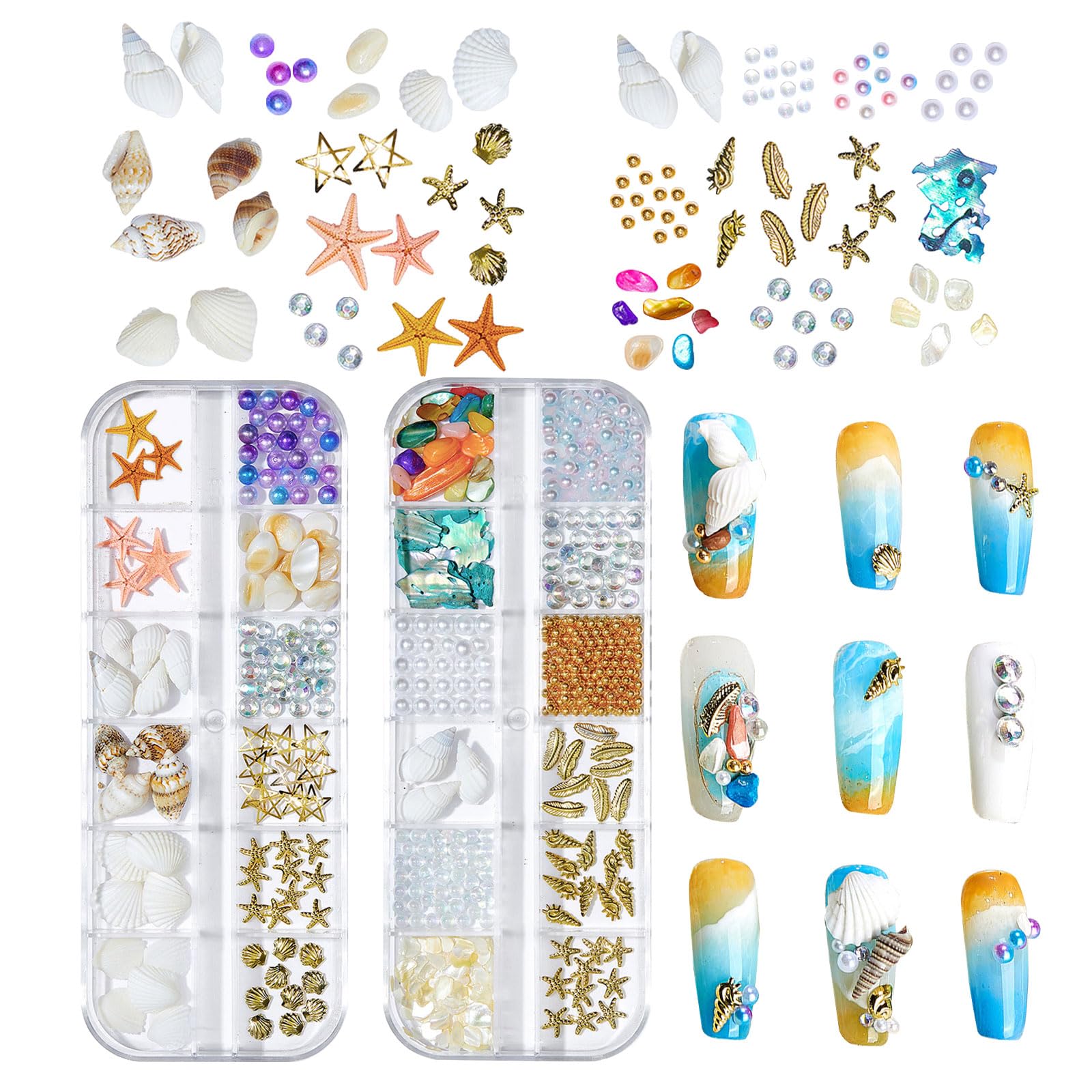 Ocean Themed Nail Charms, 2 Boxes Gold Nail Studs Shell Starfish Conch Sea Nail Charms Nail Rhinestones Pearls Irregular Abalone Shell Slices Summer 3D Nail Art Decorations Accessories