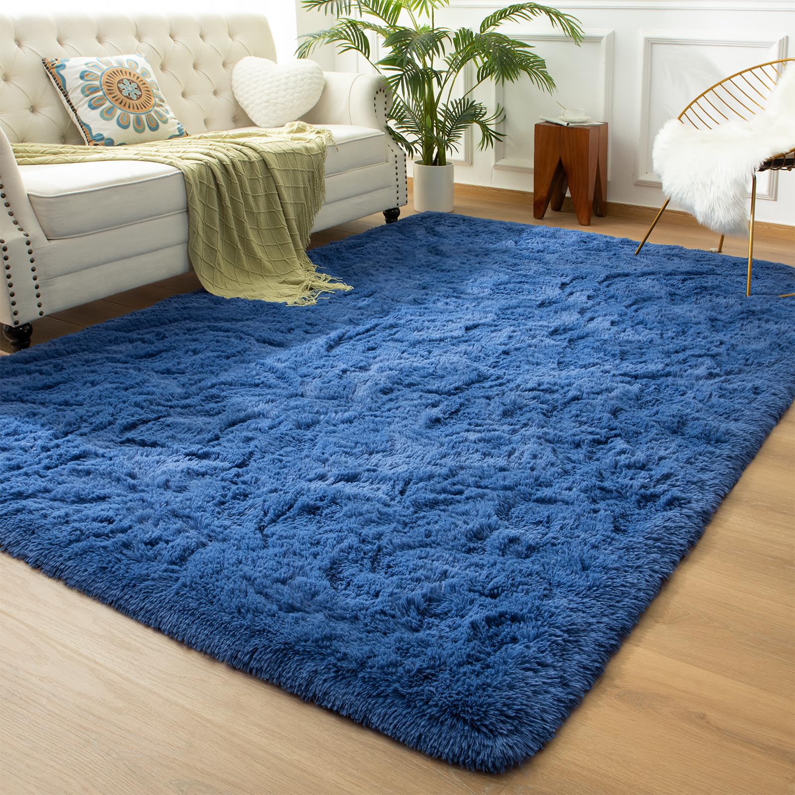 Photo 1 of Andecor Soft Fluffy Bedroom Rugs, 6 x 9 Feet Indoor Shaggy Plush Area Rug for Boys Girls Kids Baby College Dorm Living Room Home Decor Floor Carpet, Light Navy