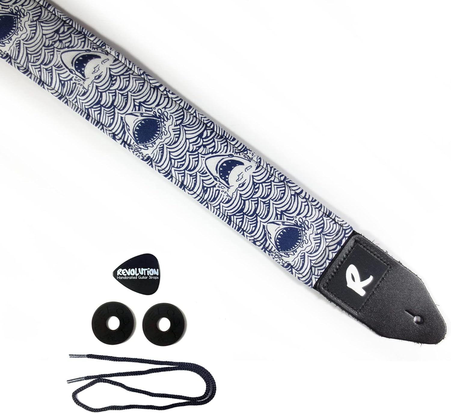 Mixed Media - Shark Waves Guitar Strap - Ocean, Genuine Leather Ends, Includes 2 Strap Locks & 1 Pick. Adjustable Strap, Pick Pocket, For Bass, Electric & Acoustic Guitars Gift for Guitar Players Men, Women & Kids