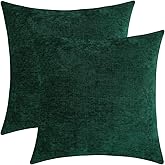 Qanatmz Hunter Green Chenille Decorative Couch Throw Pillow Covers, Soft Cushion Cases for Home Livingroom Sofa Décor, Pack of 2, 18 x 18 Inches