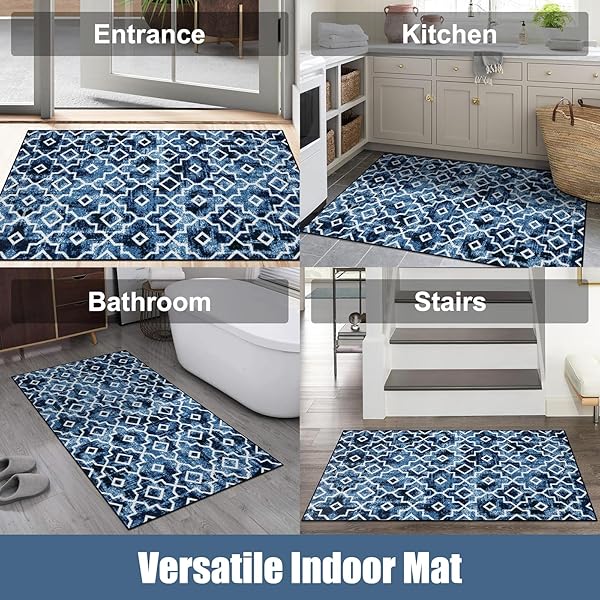 WONNITAR MOROCCAN INDOOR DOOR MAT, 36″X59″ ENTRY RUG WASHABLE FRONT DOOR MAT, NON-SLIP ABSORBENT DIRT TRAPPER MAT, LOW-PROFILE FLOOR CARPET FOR ENTRYWAY KITCHEN BATHROOM (POST BLUE,59” X 35.4”)