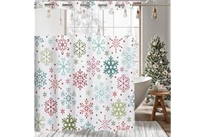 MEHOFOND No Hook Winter Snowflake Shower Curtain, Hookless Christmas Shower Curtain,Colorful Xmas New Year Holiday Bathroom Bathtubs Decor with Snap in Liner, Waterproof Polyester Fabric 71X74in