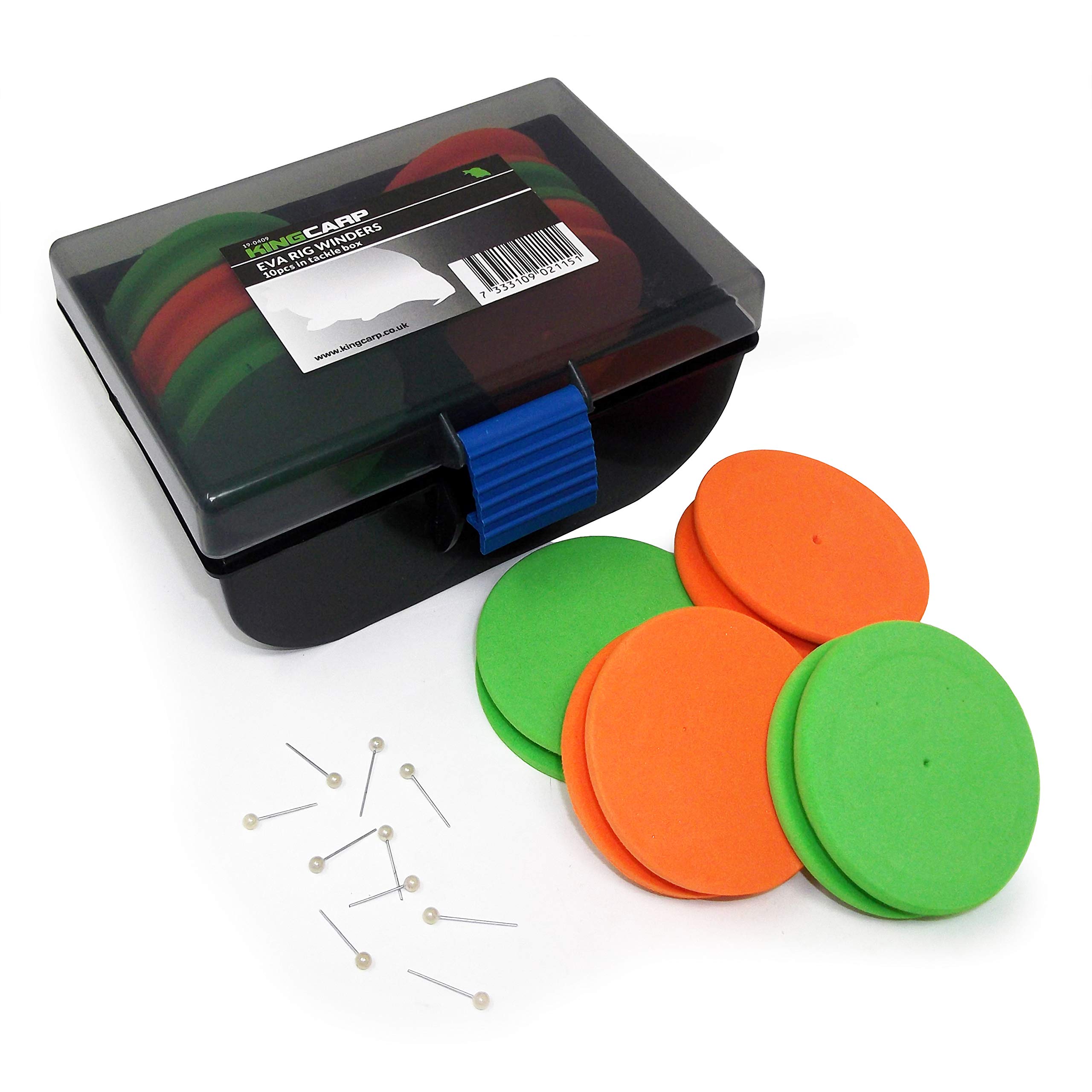KingCarp - RIG WINDERS In a Tackle Box With Pins - Pack of 10 Quality High Density Foam 65mm x 17mm - Assorted Colours to Keep Your Sea and Coarse Fishing Rigs Organised and Tangle Free [19-0409]