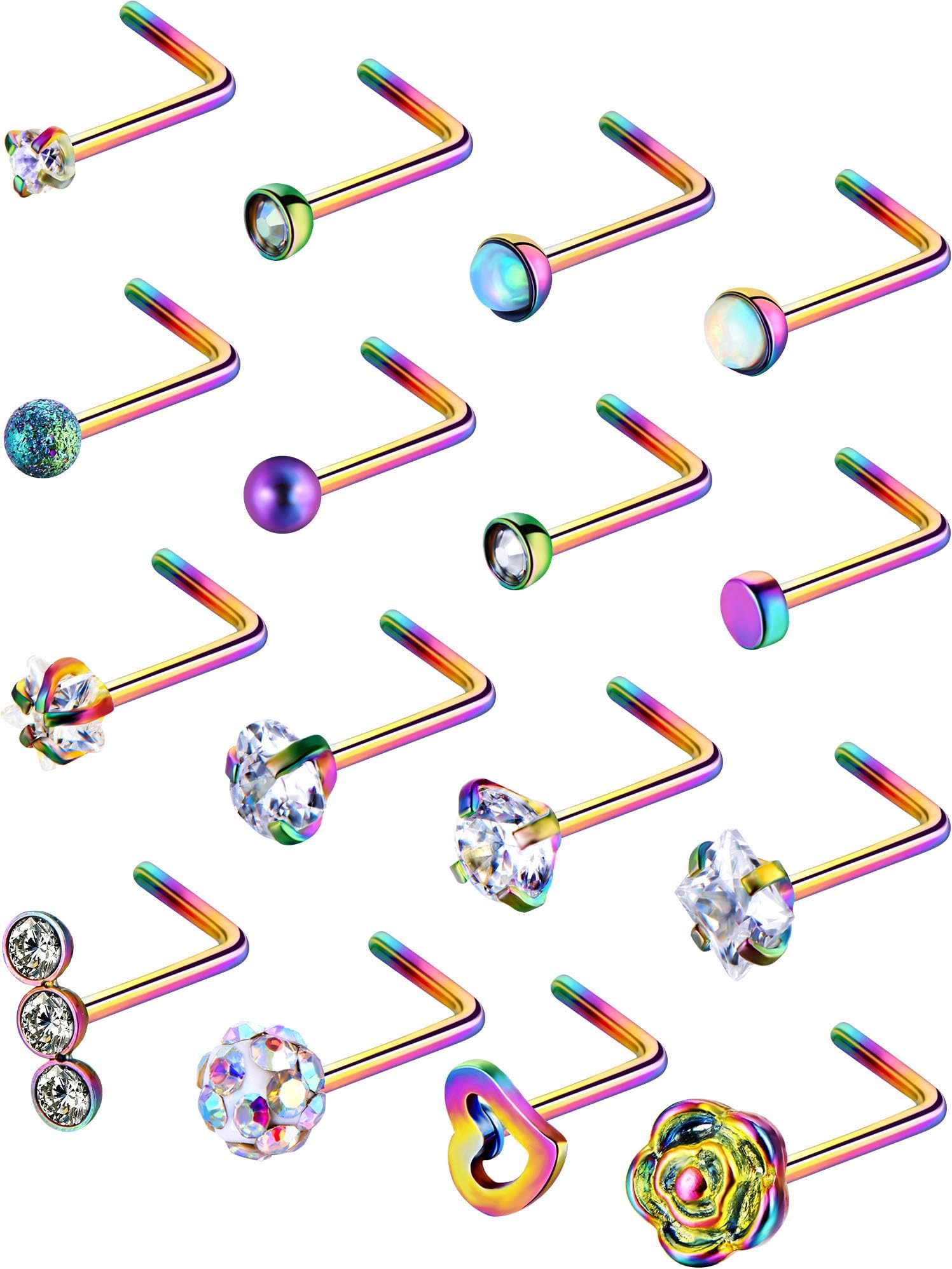16 Pieces Nose Stud Set Nose Studs Cartilage Tragus Piercing Rose Ball Labret Jewelry, 20 G (L Shape B)