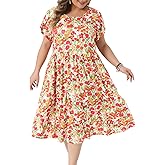 Agnes Orinda Plus Size Dress for Women Floral Print Crew Neck Tulip Short Sleeve A Line Flowy Midi Dresses Summer
