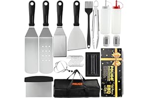 POLIGO 25PCS Flat Top Griddle Accessories Kit - Essential Kit for Indoor and Outdoor Teppanyaki with Griddle Spatula, Chopper, Tongs, Cleaning Brush, Storage Bag - Ideal Griddle Set Gift for Men