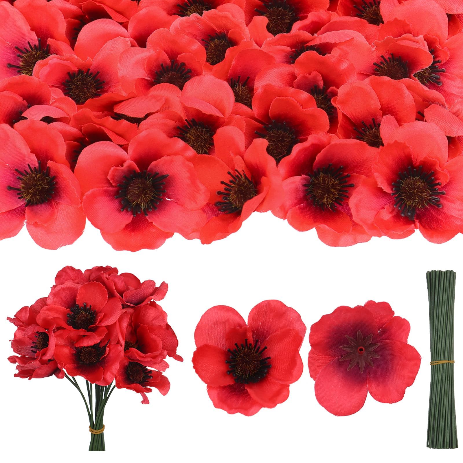 Haishell 150 Set Red Poppy Artificial Flowers Fake Flowers for Remembrance Sunday Poppies Head Fake Wildflowers with Flower Branch for Veterans Day Bouquet Corsages Home Kitchen Decoration