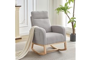 Attracoast Rocking Glider Chair for Nursery, Wingback Accent Rocker Chair Upholstered Tall Back Arm Chair w/Side Pockets, Ursing Rubber Wood Legs and Side Pocket for Living Room, Bedroom
