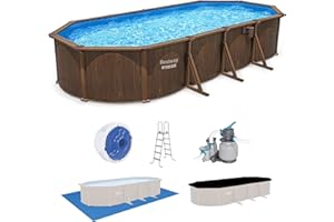 Bestway Hydrium 24' x 12' x 52" Oval Above Ground Swimming Pool Set Outdooor Steel Wall Family Pool with Sand Filter, Ladder, & Cover, Brown Woodgrain