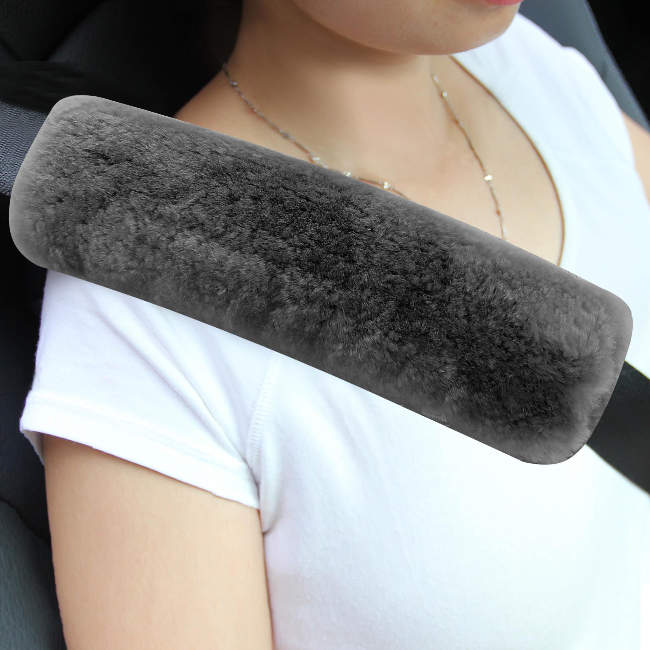 Photo 1 of Amooca Authentic Sheepskin Seatbelt Cover Real Wool Car Truck SUV Airplane Seat Belt Shoulder Pad for Carmera Backpack Straps Neck Cushion Protector 2 Pack Dark Grey