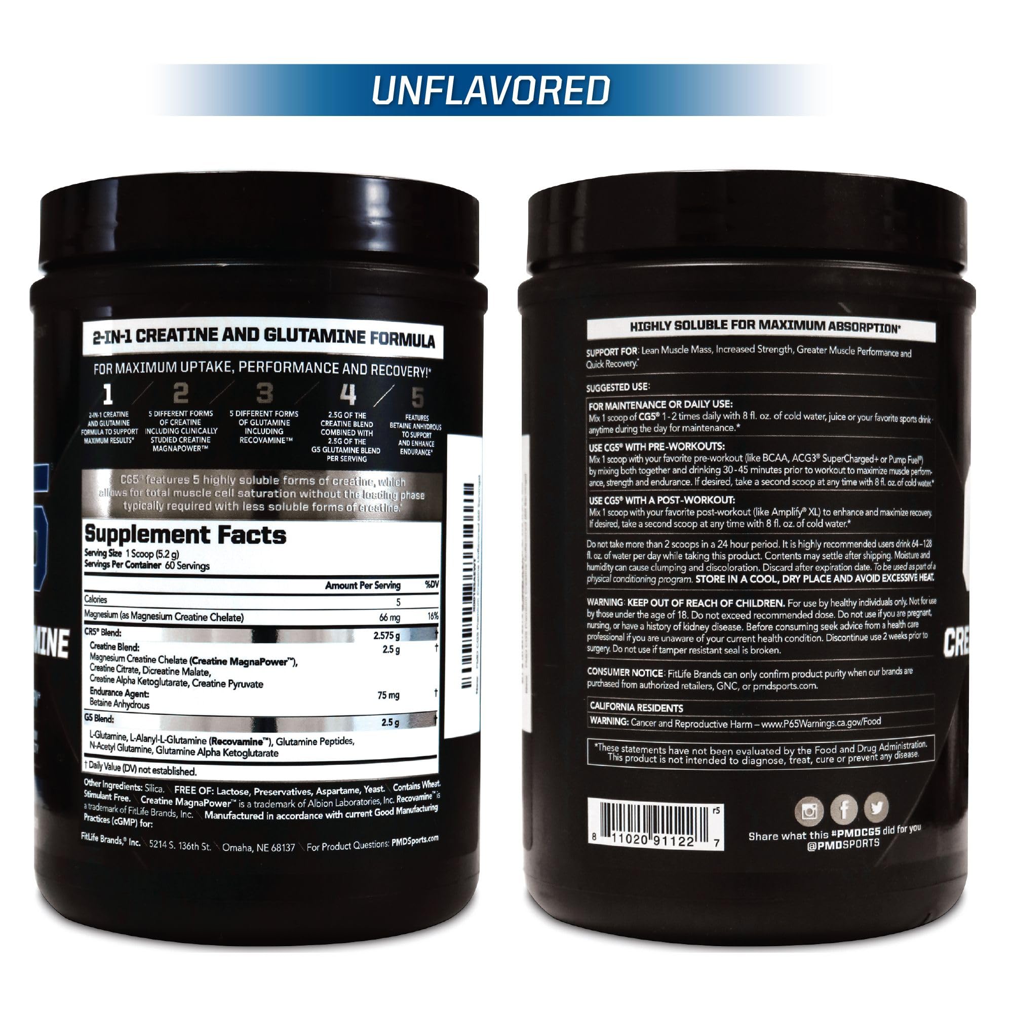 PMD Sports CG5 Premium Creatine & L Glutamine Powder, Power Recovery, Build Lean Muscle, Increase Workout Performance, Maximum Strength Pre Workout & Post Workout, Unflavored, 60 Servings
