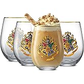 JoyJolt Harry Potter Hogwarts Heritage Stemless Drinking Glasses, 19oz Glass Tumblers, Teardrop Glass Drinking Glasses Set of 4, Hogwarts Cup, Harry Potter Gifts for Adults