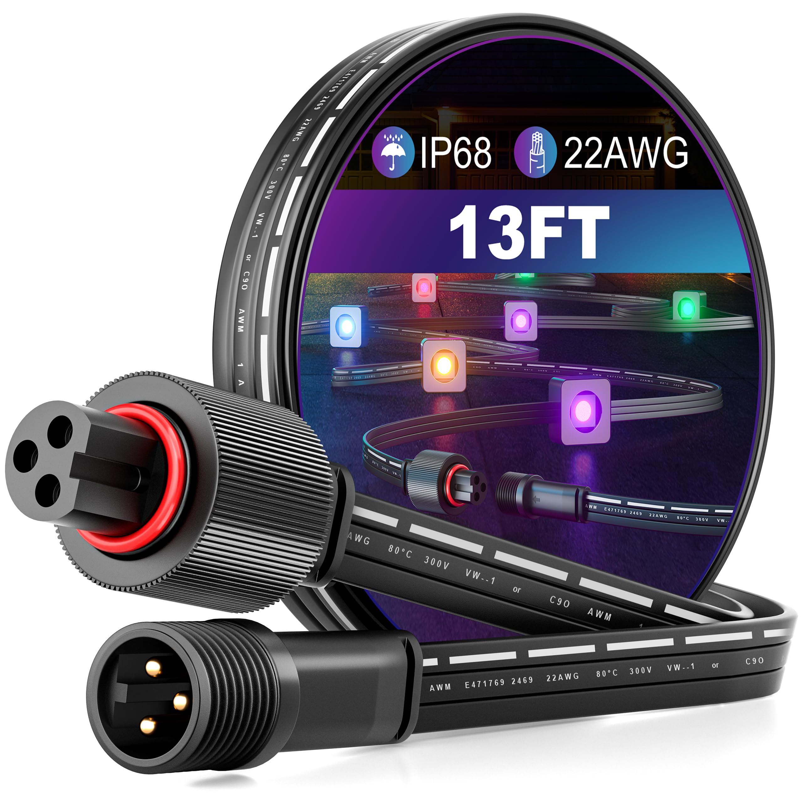 Photo 1 of 13FT Extension Cord for Go-ee Permanent Outdoor Lights Pro, Deck Lights, IP68 Waterproof Waterproof Extension Cord for H705D H705E H705F, H706A H706B H706C, H7067 H7068 H7069 (13FT Black)