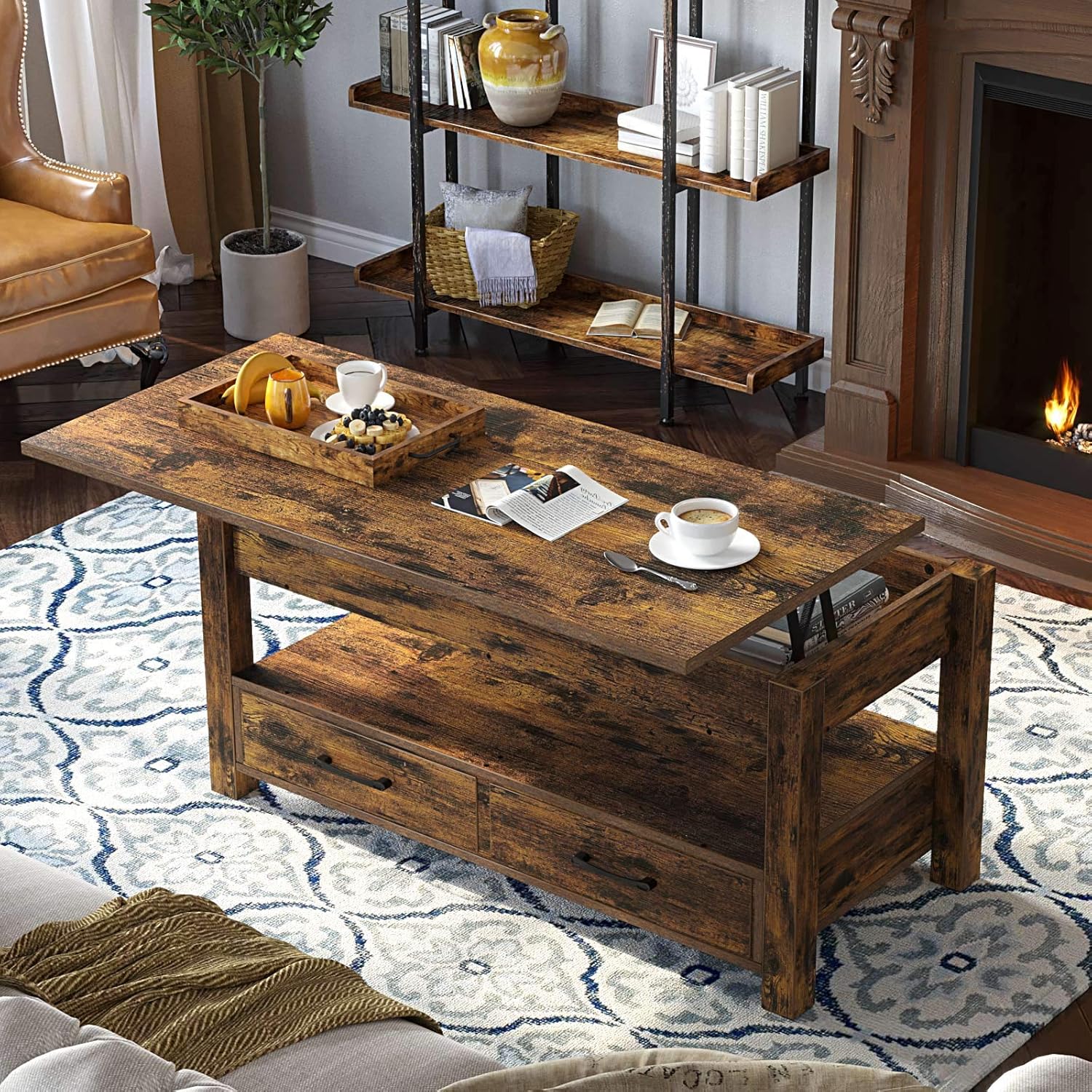 Rolanstar Coffee Table, Lift Top Coffee Table with Drawers and Hidden Compartment, Retro Central Table with Wooden Lift Tabletop, for Living Room, Rustic Brown: Home & Kitchen