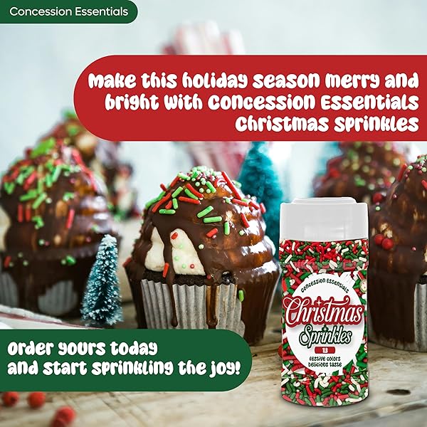CONCESSION ESSENTIALS CHRISTMAS SPRINKLES, 1LB CONTAINER, RED, GREEN, WHITE COLORS