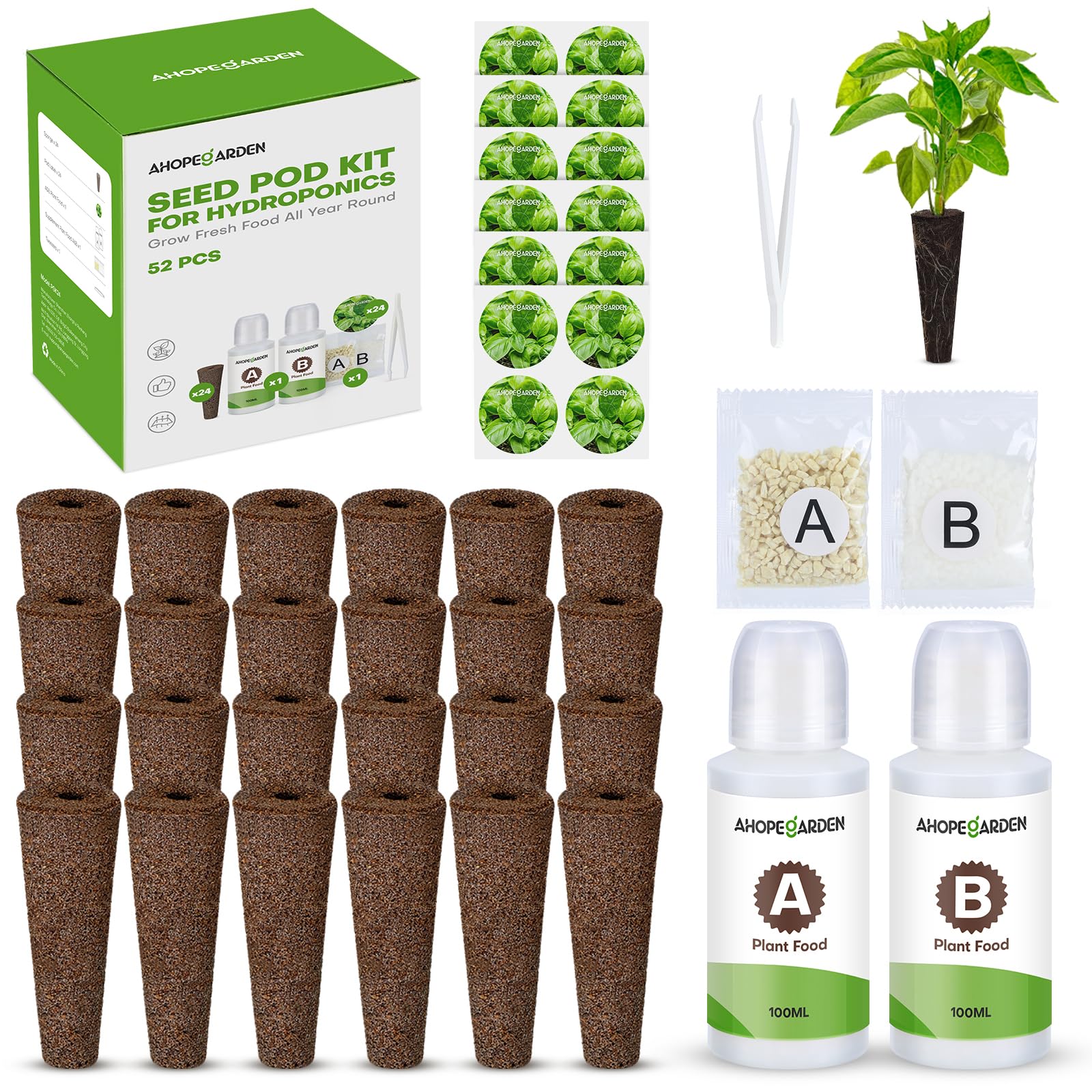 Photo 1 of Ahopegarden 52PCS Hydroponics Pods Kit: Compatible with Aerogarden, Includes 24 Grow Sponges, 24 Pods Labels, 4 A&B Plant Food - Hydroponics Supplies for Most Brands