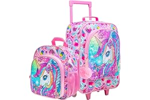 FTJCF 18" Kids Suitcase Set, 2Pcs Girls Unicorn Carry on Luggage with Wheels, Cute Sequin Children Travel Rolling with 12" Toddler Backpack(Pink)