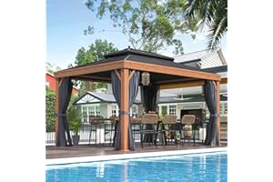 EROMMY 10'x13' Hardtop Gazebo Outdoor Aluminum Wood Grain Gazebos with Galvanized Steel Roof and Mosquito Net for Patios, Deck, Backyard, Curtains & Netting