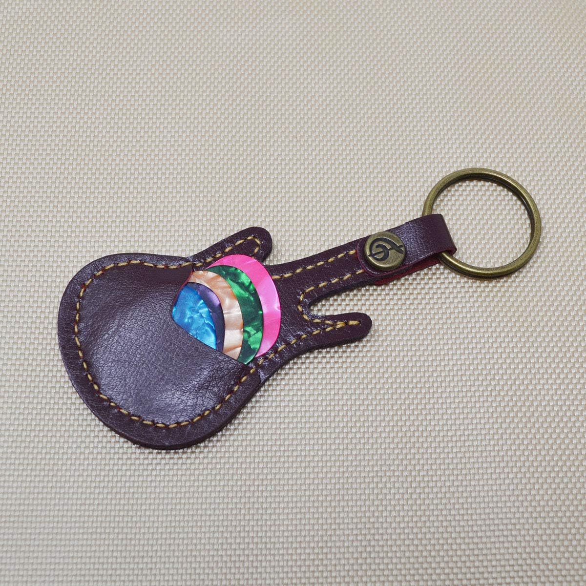 Guitar Pick Holder Leather Keyring Keychain Case for Guitar Pick Bag with 5Pcs Plectrums Gift, Red Pick Bag - Image 4