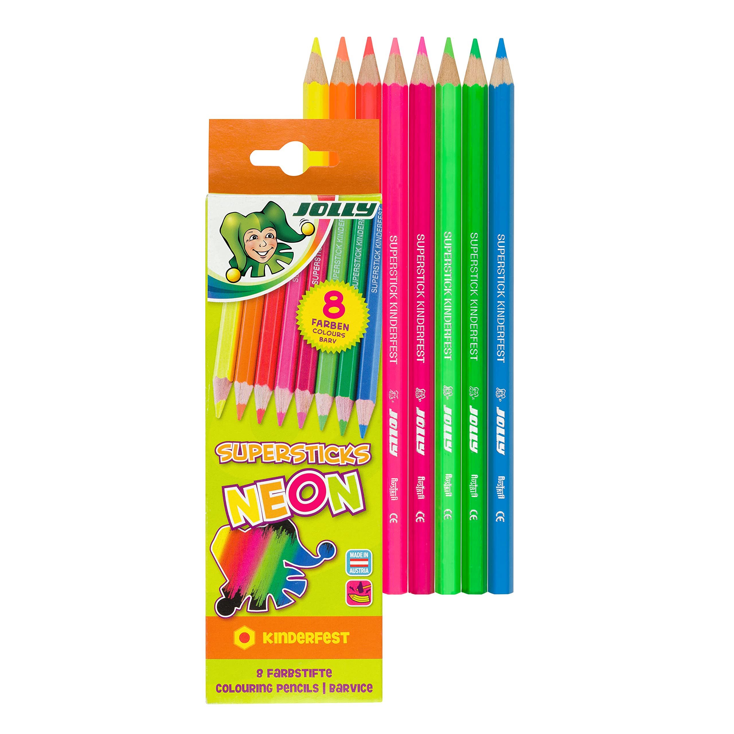 JOLLY Superstick Neon Colouring Pencils, Childproof and Shatterproof, Non-Toxic, Extra Thick Lead, 8 Pens in Cardboard Case