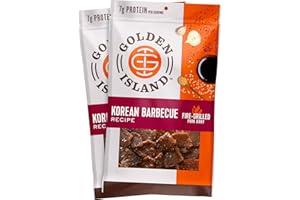 Golden Island Pork Jerky Korean BBQ Flavored, Specialty Meat Snack, Gluten Free with Korean Barbecue Seasoning, Bite Sized Sweet and Savory Protein Snack, 7g of Protein Per Serving, 9 Oz (2 Pack)