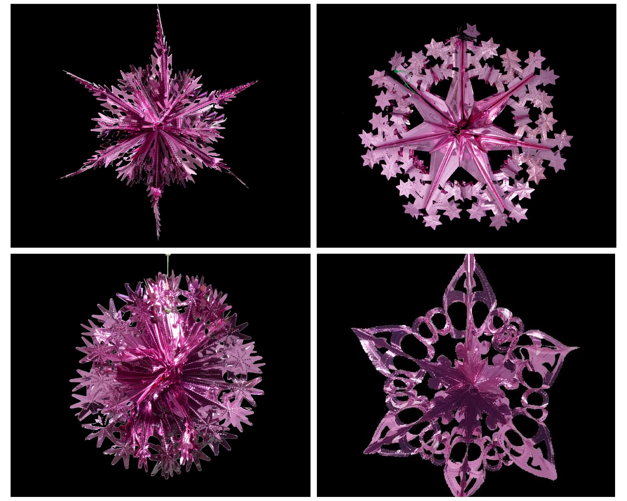 Simply Products Set of 4 40cm Christmas Foil Ceiling Garland Hanging Xmas Decoration, Long Star, Snowflake, Star Ball & Star (Pink)