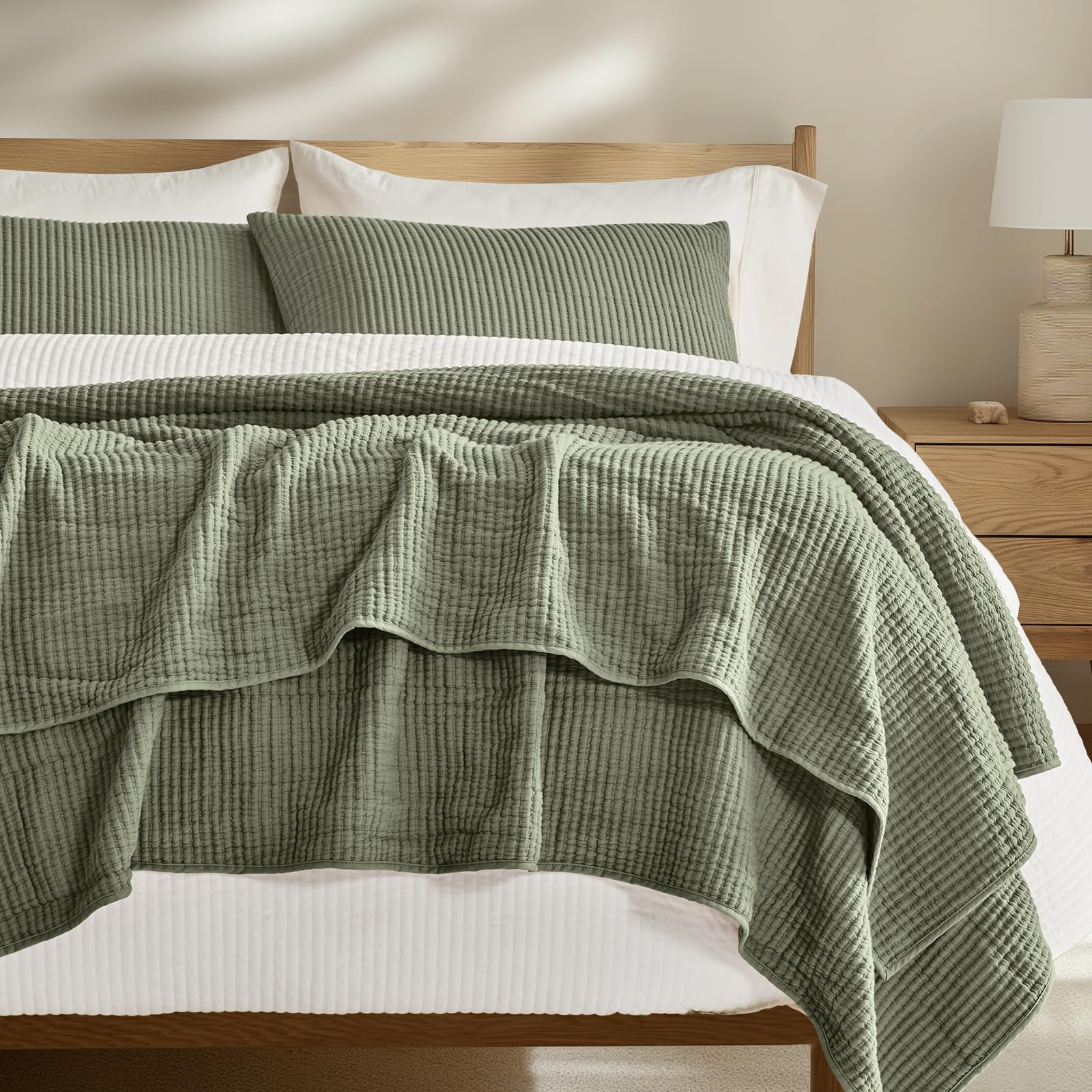 Photo 1 of EVERGRACEHOME Cotton Coverlet Set Full Queen Size 3 Pieces, Lightweight Soft Ribbed Matelassé Bedspread Quilt Set, Cozy Oversized Quilted Bedding Set with 2 Pillow Shams for All Seasons, Olive Green
