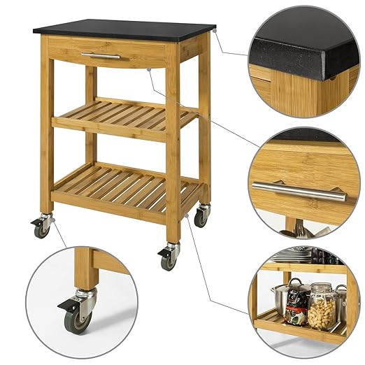 title=SoBuy® Carrello cucina, Carrello di servizio, Scaffale, bambù e piano in