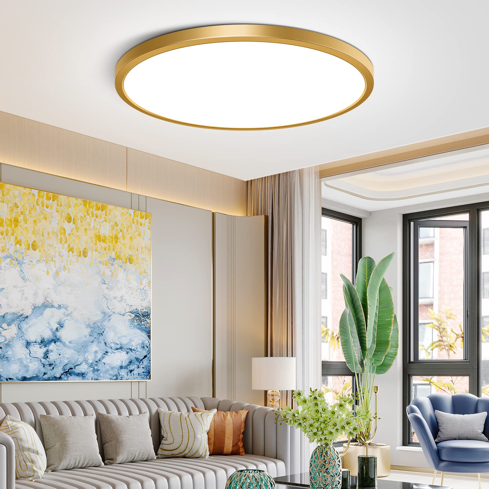 Photo 1 of 12Inch Flush Mount Ceiling Light Fixture LED, 24W(240W Equivalent), 3200LM, 5000K Daylight White, IP40, Flat Modern Round Ceiling Lights for Bedrooms, Living Rooms, Bathrooms, Stairwells, etc.(Gold)