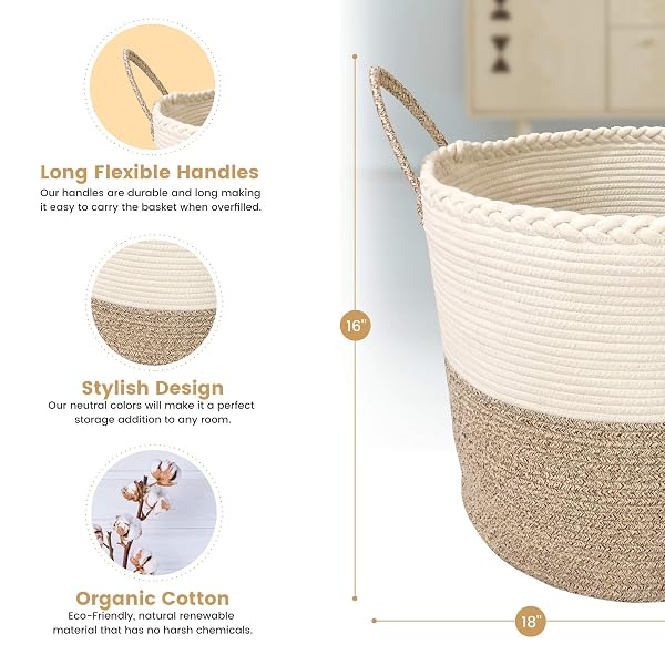 XXL PREMIUM COTTON ROPE BASKET 18″X16″ – LARGE BASKETS FOR STORAGE – WOVEN LAUNDRY BASKET- BROWN FARMHOUSE BASKET -ROPE STORAGE BASKETS – COTTON BASKET FOR LIVING ROOM STORAGE – WICKER BASKET