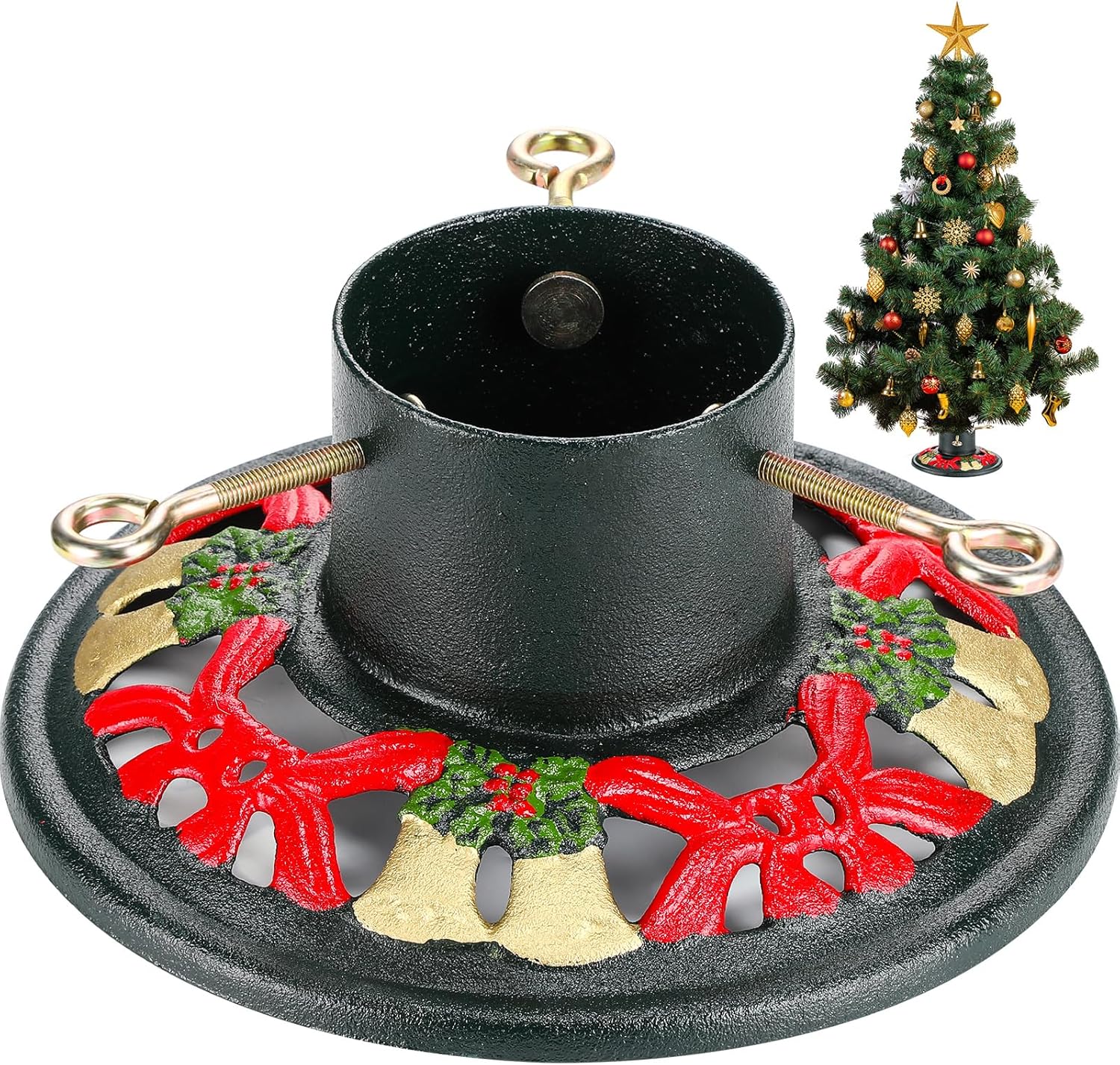 Tree Stands - Huwena Christmas Tree Stand for Live Trees, Real Xmas Tree Holder Base Cast Iron, Supports up to 8ft, 4-Inch Diameter, 120lb Weight Capacity for Christmas Rustic Decoration (Bell, Bow Style)