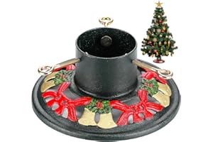 Huwena Christmas Tree Stand for Live Trees, Real Xmas Tree Holder Base Cast Iron, Supports up to 8ft, 4-Inch Diameter, 120lb Weight Capacity for Christmas Rustic Decoration (Bell, Bow Style)